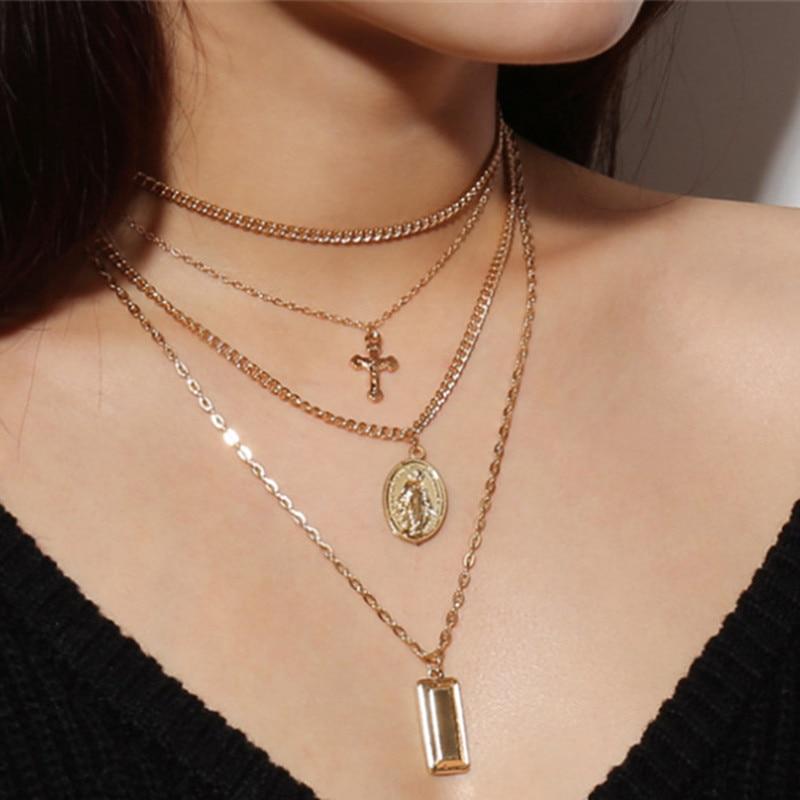 Holy Cross with Blessed Virgin Mary Layered Necklace