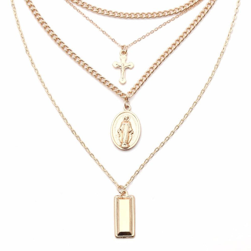 Holy Cross with Blessed Virgin Mary Layered Necklace